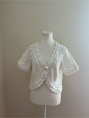 NY Collection Cream Crochet Short-Sleeve Cardigan